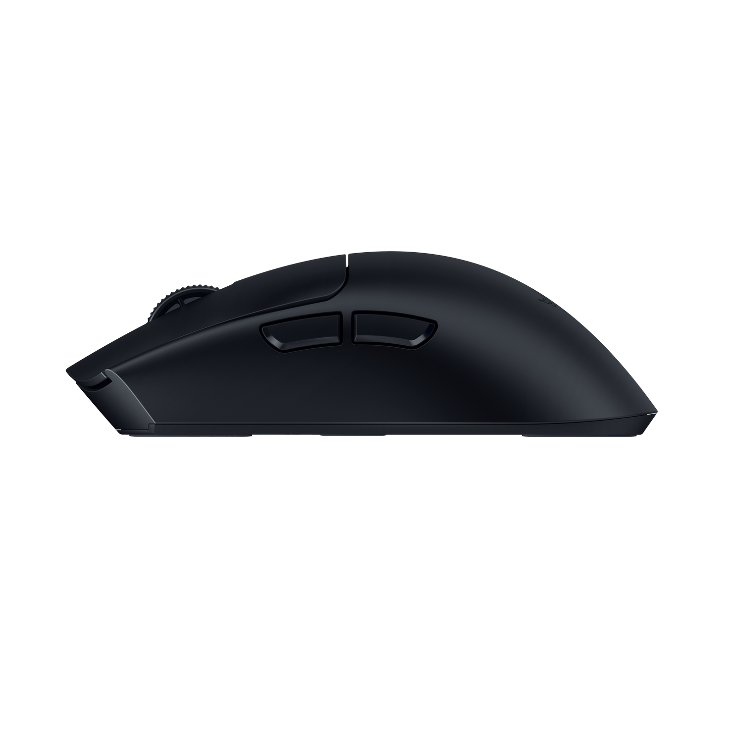 Ratón gaming negro de perfil, con rueda y dos botones laterales.