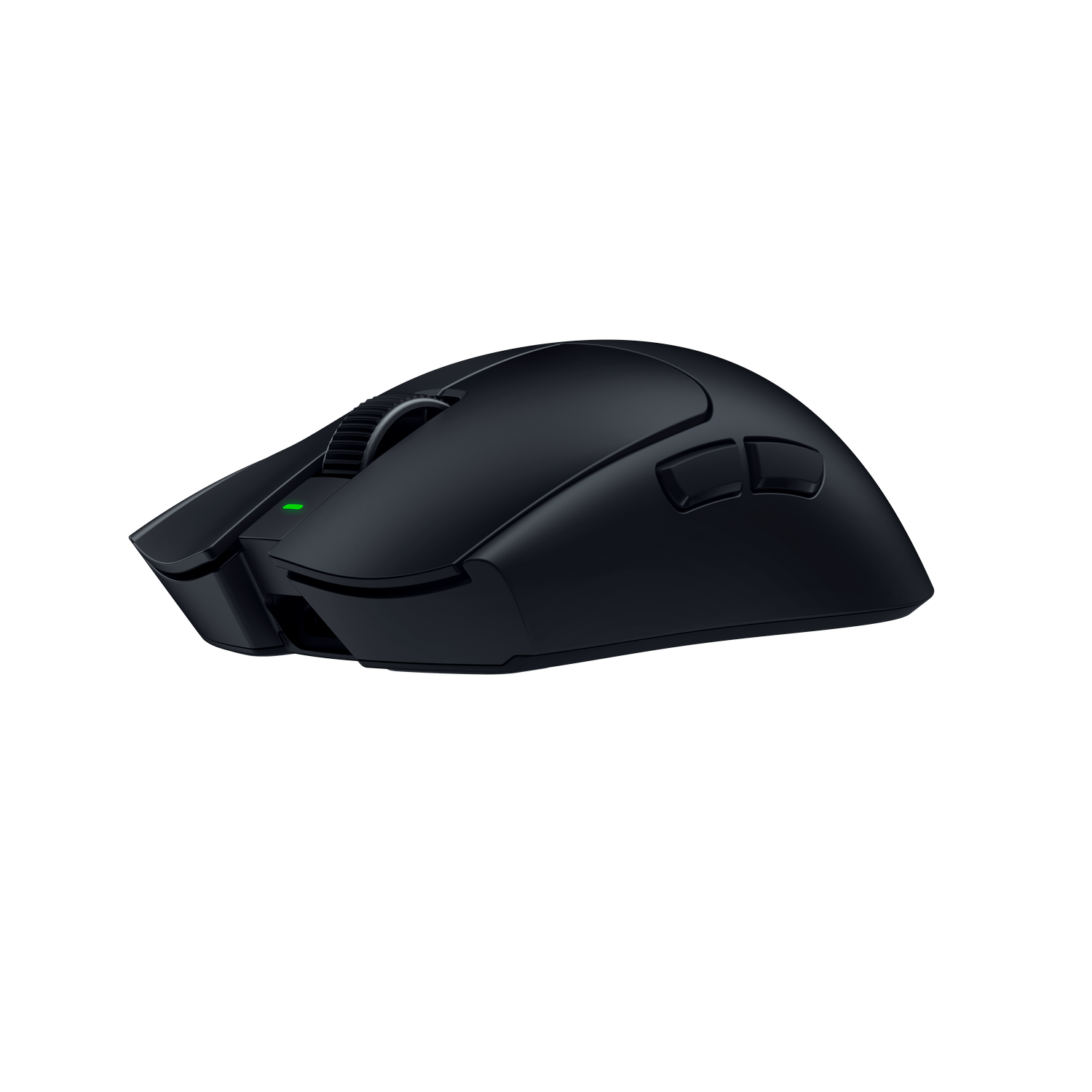 Ratón inalámbrico negro para juegos con rueda de desplazamiento y botones laterales iluminados.