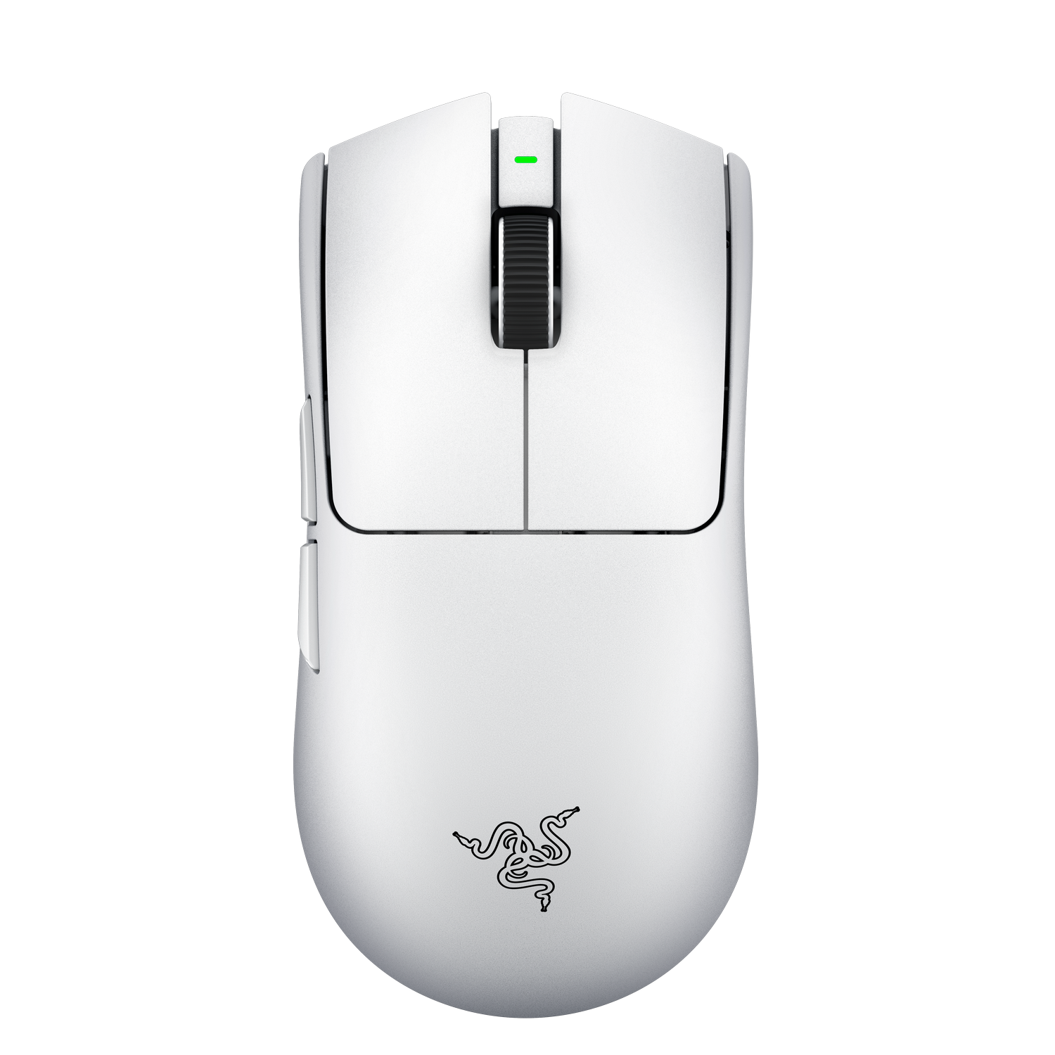 Un ratón gaming blanco con rueda negra y logo de Razer sobre fondo negro.