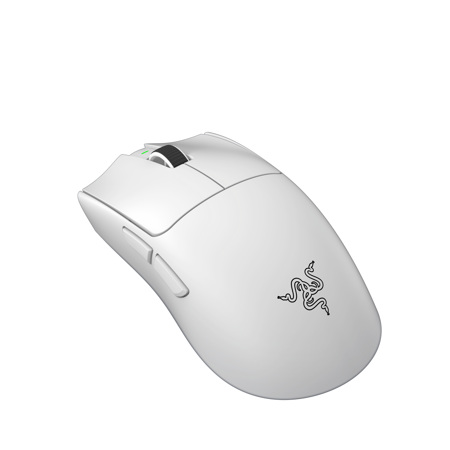Un ratón blanco para juegos con logo de Razer y rueda.
