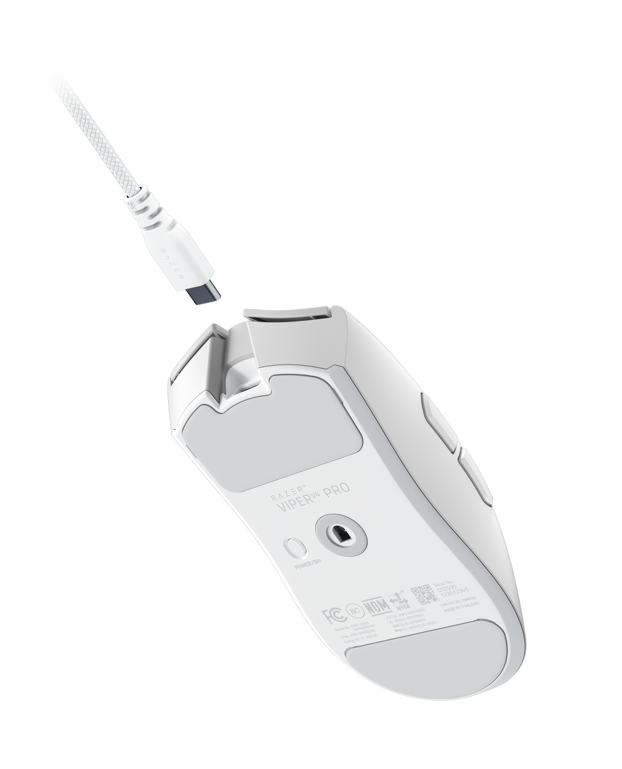 Un ratón gaming Razer Viper V4 Pro blanco con cable USB-C blanco.