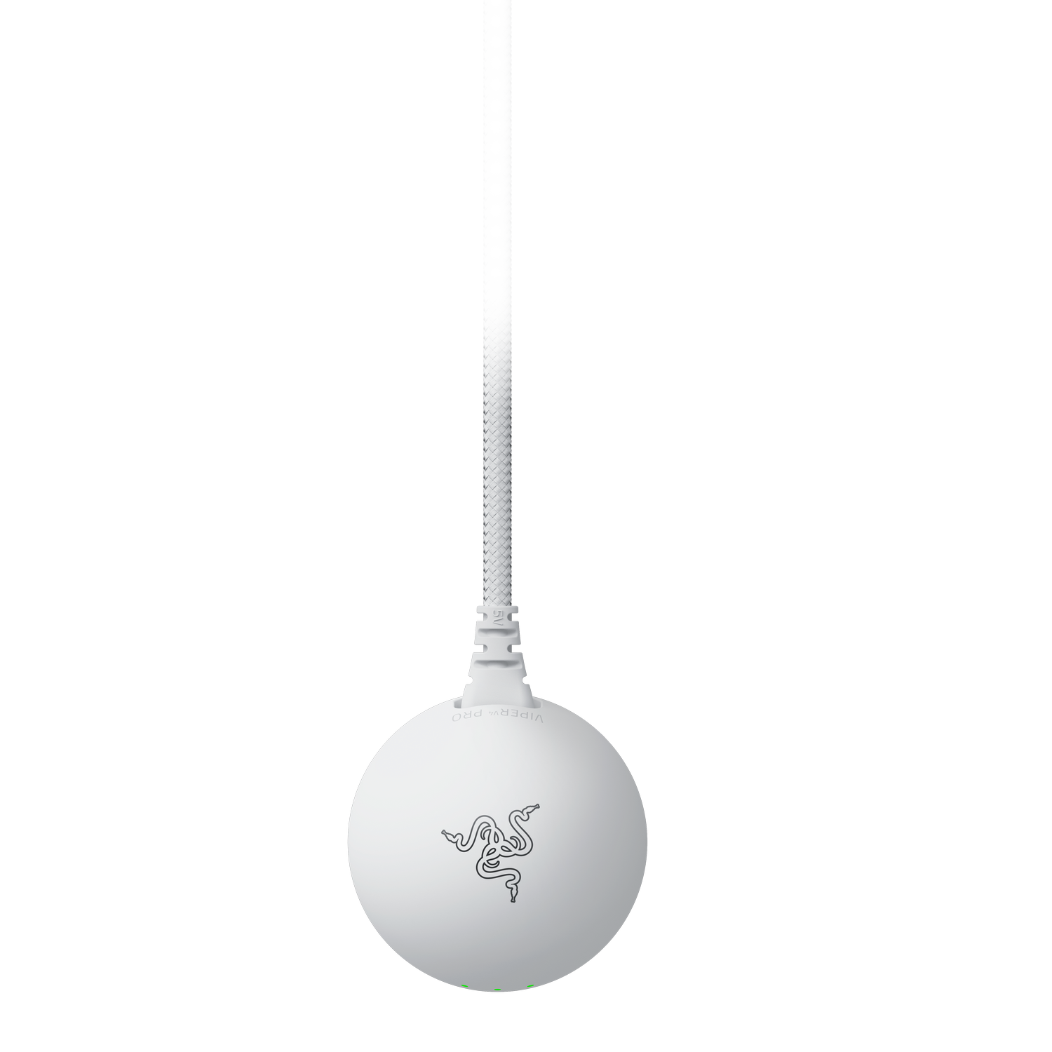 Un dongle blanco Razer Viper Pro con logo y cable sobre fondo gris.