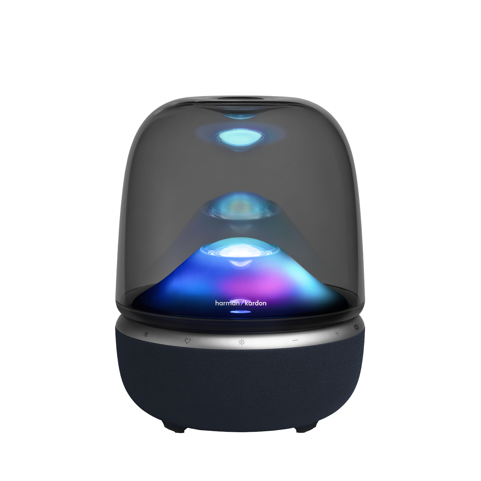Un altavoz Harman Kardon oscuro con efectos de luz azules en el interior.