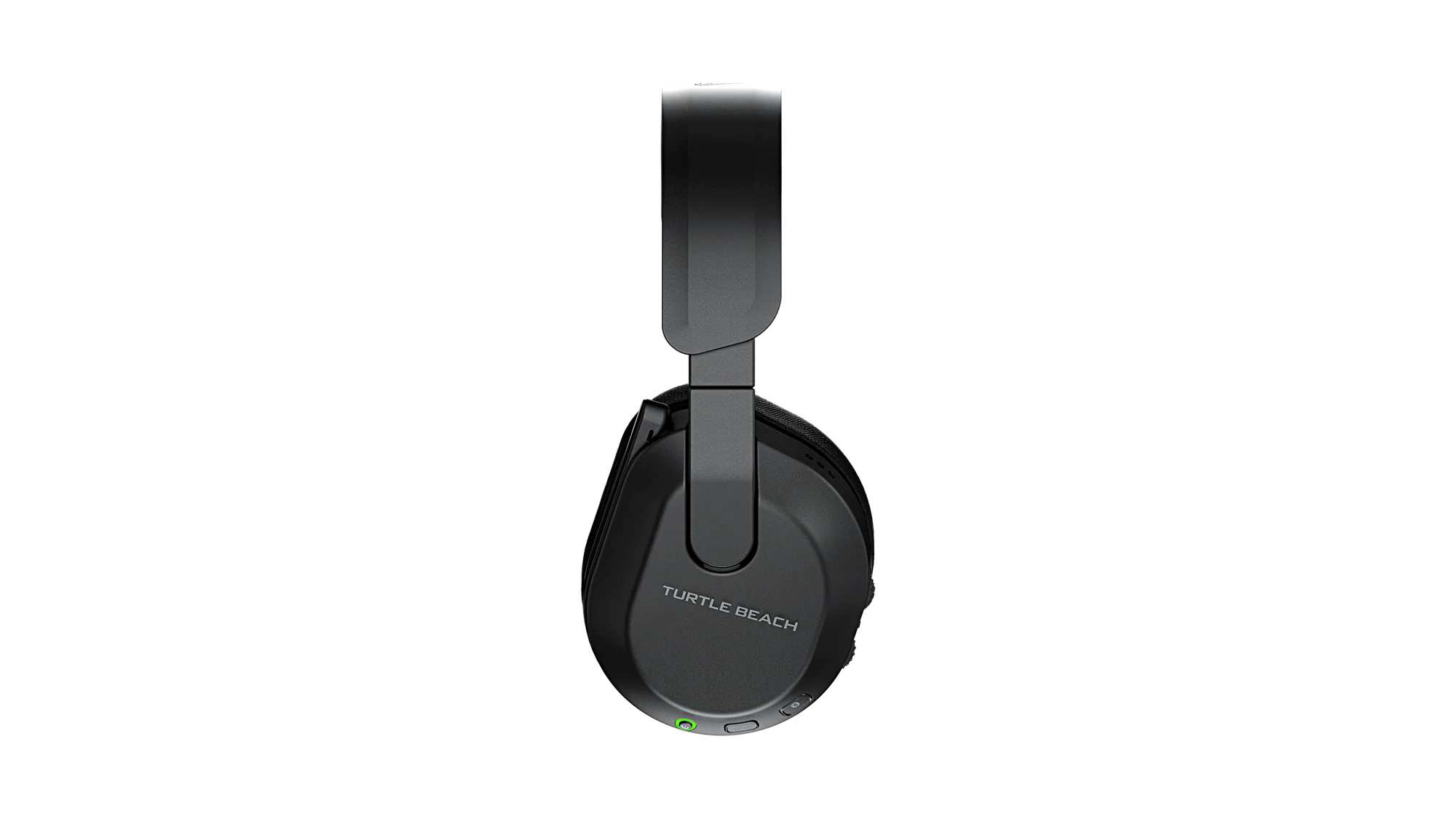 Auriculares negros Turtle Beach con luz verde y controles.