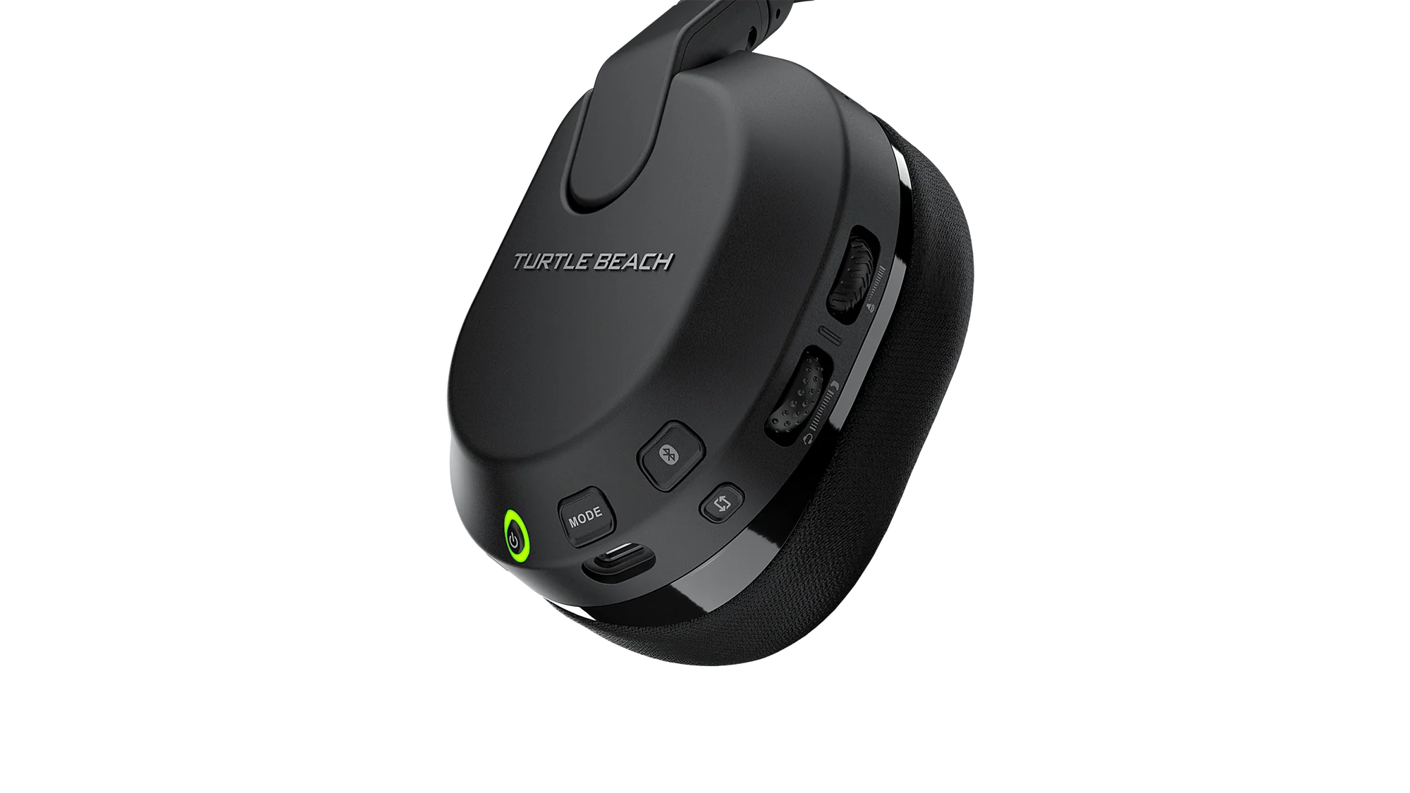Auricular negro con logo "Turtle Beach" y botón de encendido verde.