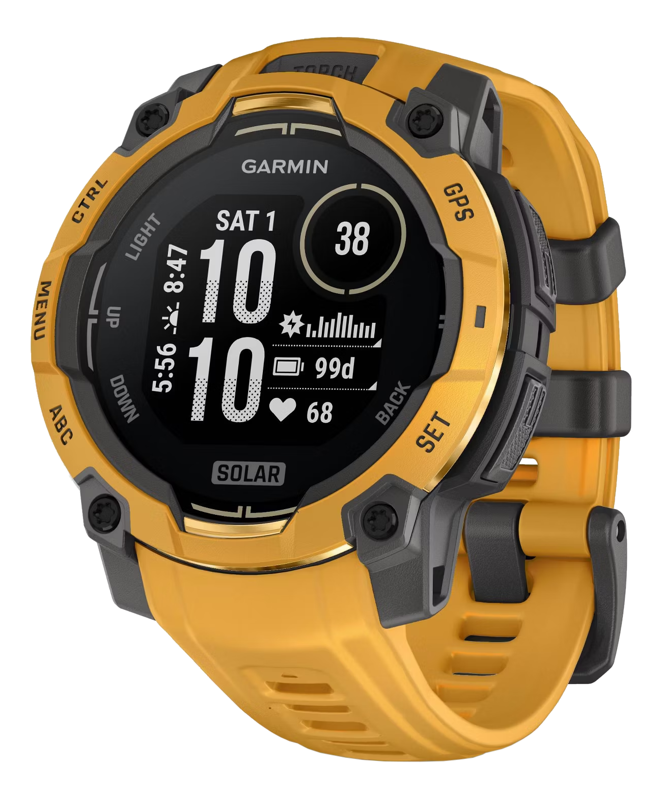 Montre connectée Garmin jaune avec boutons et écran noirs. Affiche l'heure, la date et le rythme cardiaque.
