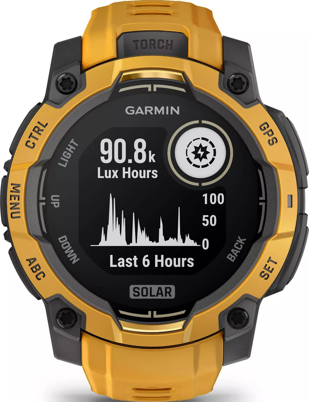 Montre connectée Garmin jaune affichant "90.8k Lux Hours" avec un graphique linéaire.