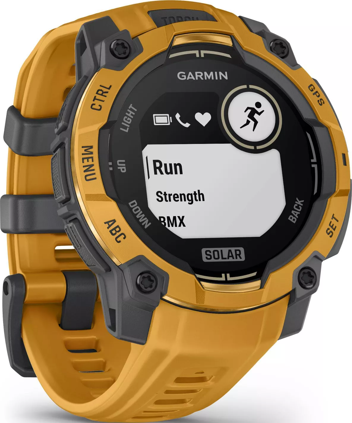 Montre Garmin jaune avec options d'activité : Course, Force, BMX. Charge solaire.