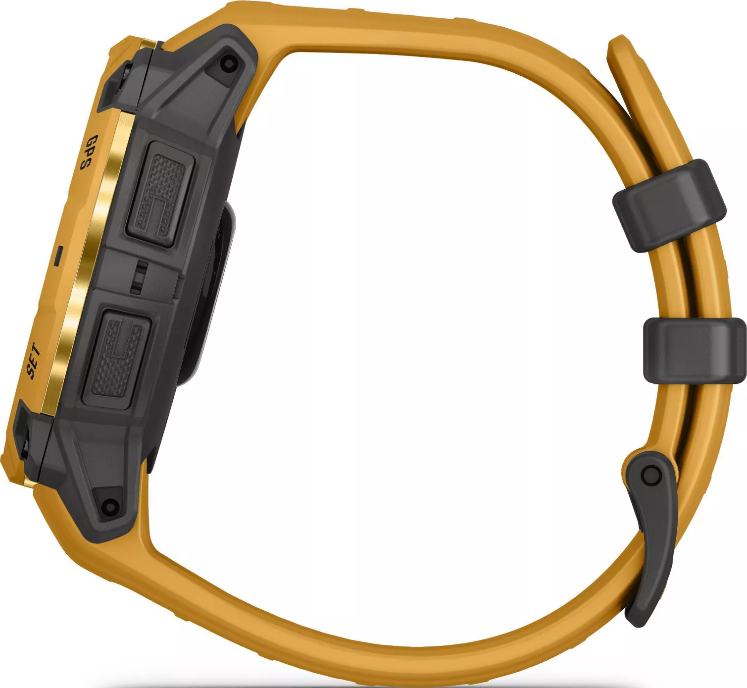 Montre connectée jaune avec boutons et bracelet noirs, vue de profil.