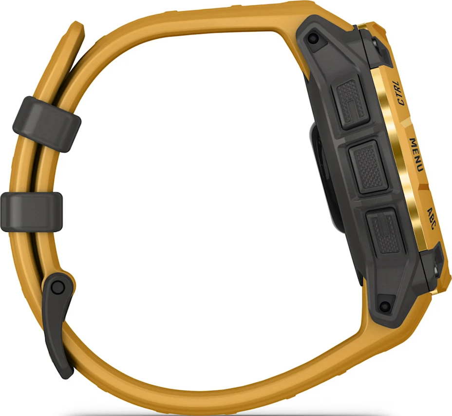 Montre jaune avec boutons noirs et lunette dorée. Texte blanc sur fond doré.