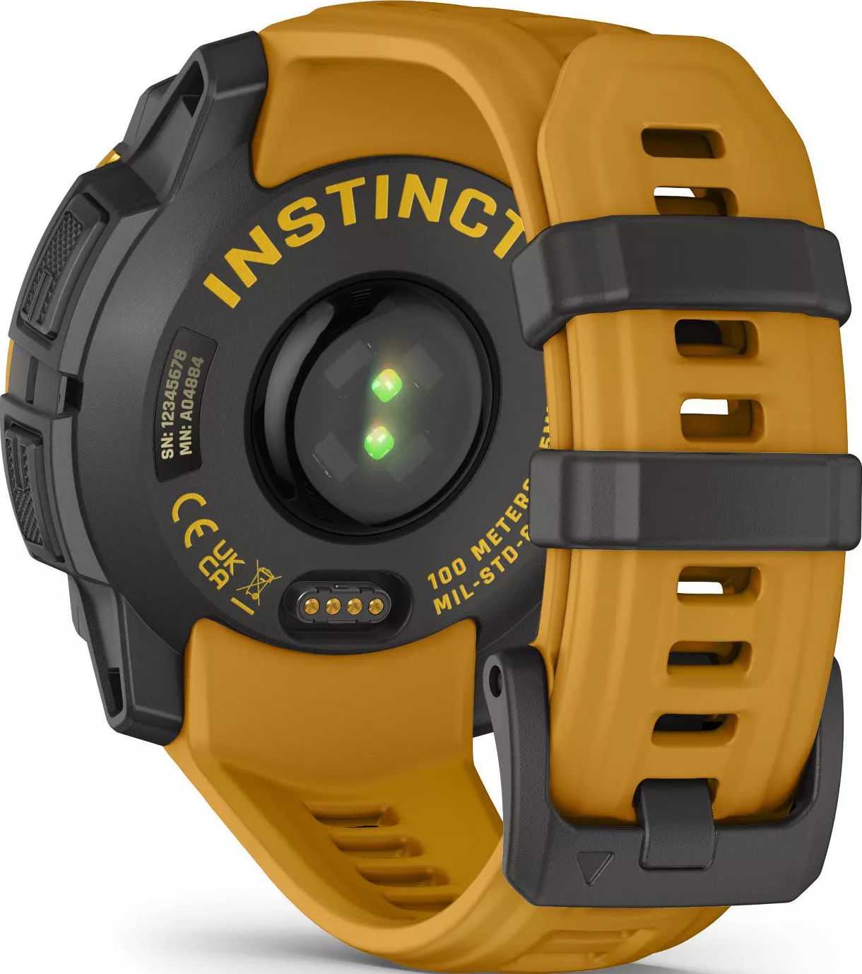 Bracelet de montre connectée jaune avec boîtier noir et capteur de fréquence cardiaque.