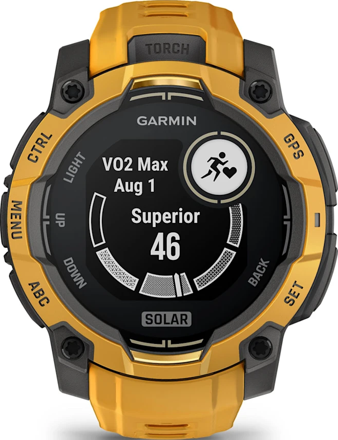 Montre Garmin jaune avec cadran noir affichant les données VO2 Max et une icône de course.