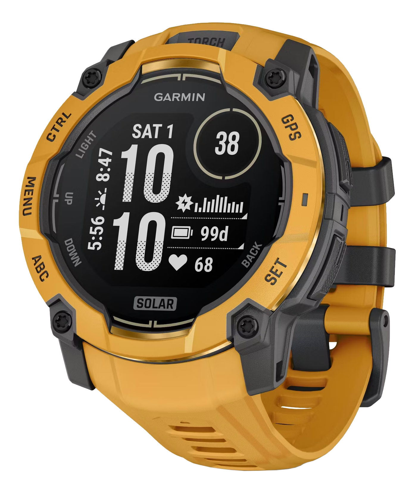 Montre connectée Garmin jaune avec écran noir, affichant l'heure et des données.