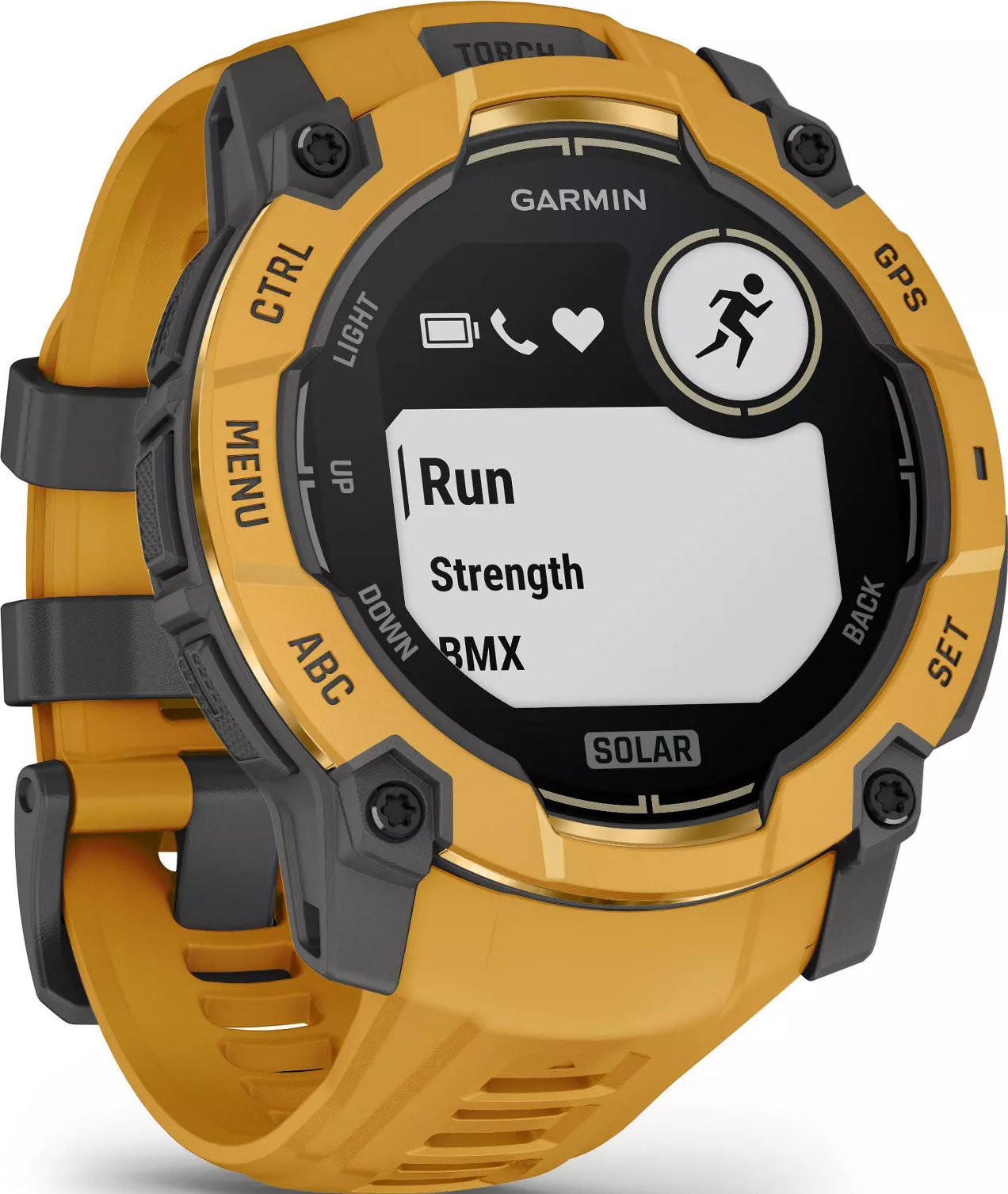 Montre Garmin jaune avec boutons noirs. L'écran affiche les options Course, Force, BMX.