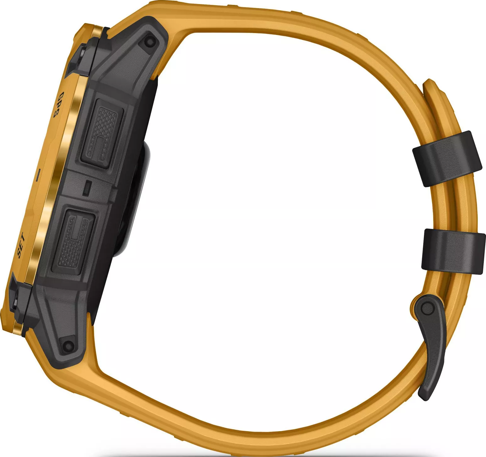 Montre connectée jaune avec boutons et bracelet noirs, sur fond blanc.