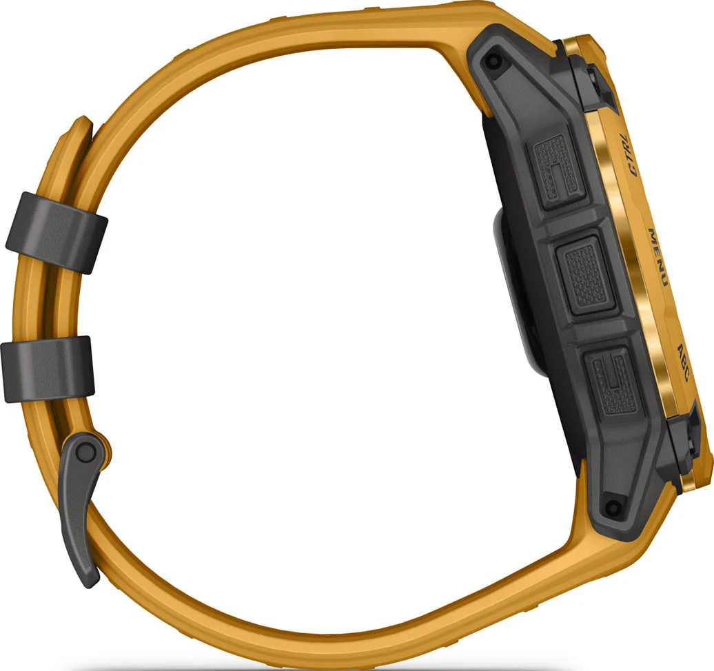 Montre connectée jaune avec boutons noirs et accents dorés, vue de côté.