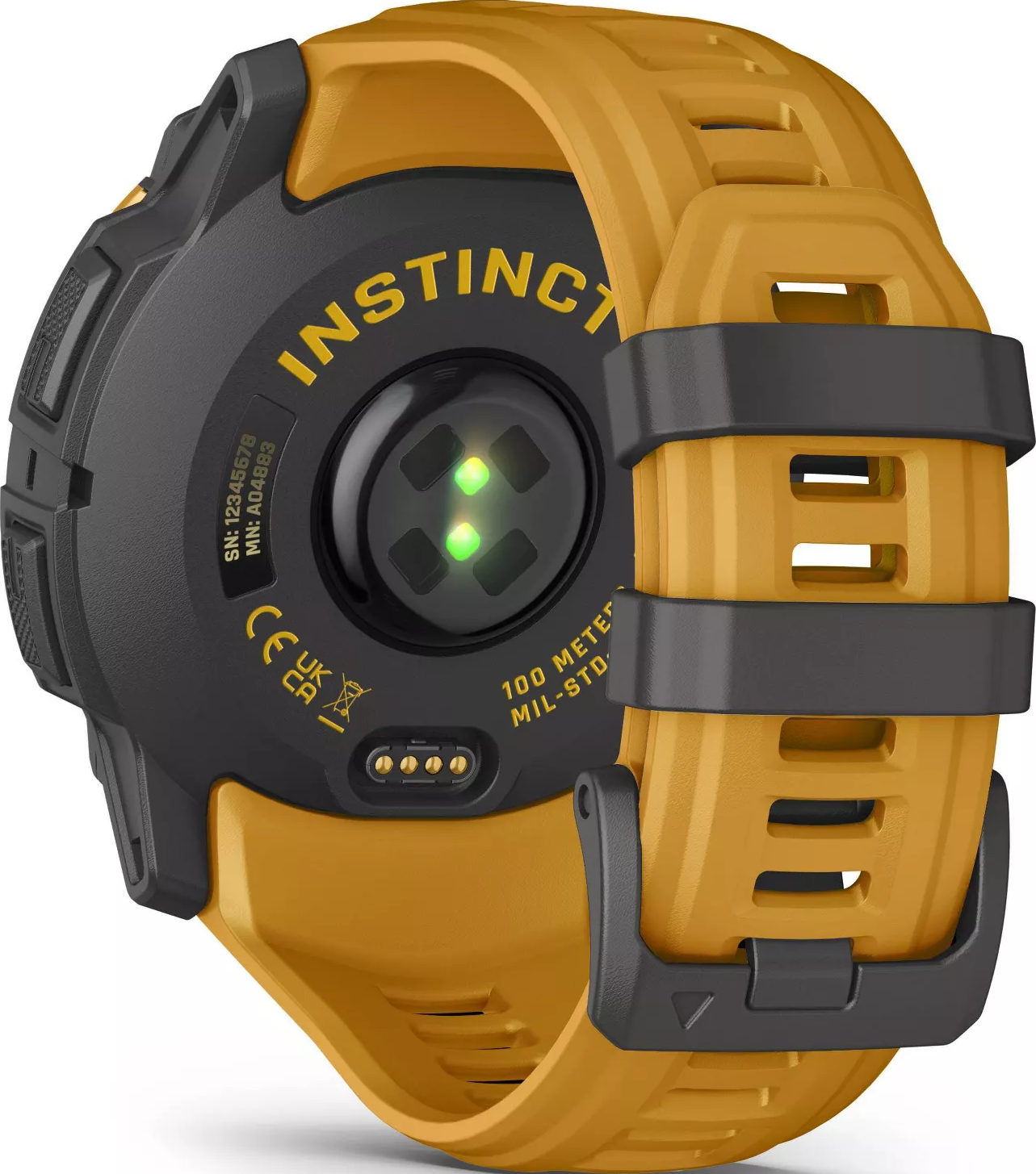 Bracelet de montre connectée jaune avec boîtier noir et capteur de fréquence cardiaque.
