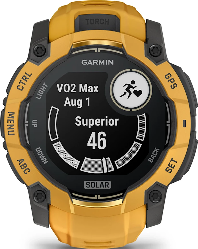 Montre connectée Garmin jaune affichant VO2 Max « Supérieur 46 ».
