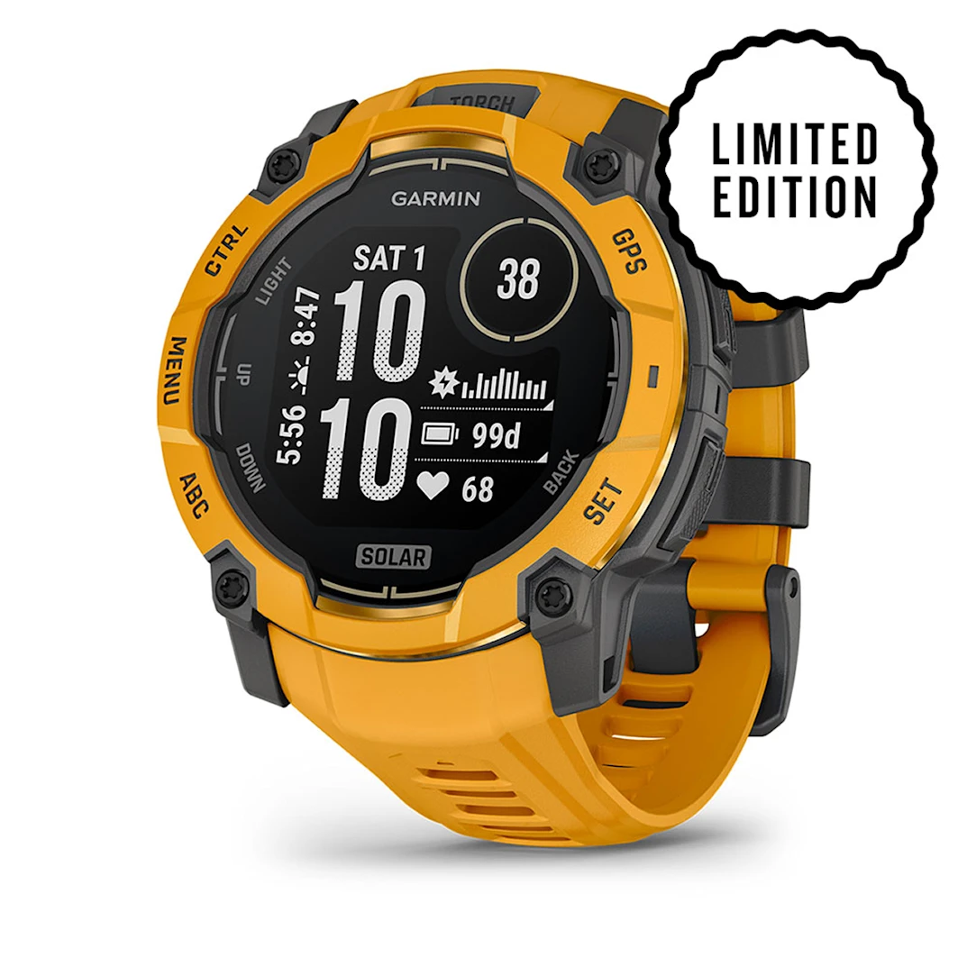 Montre connectée Garmin orange avec écran noir et autocollant "Édition Limitée".