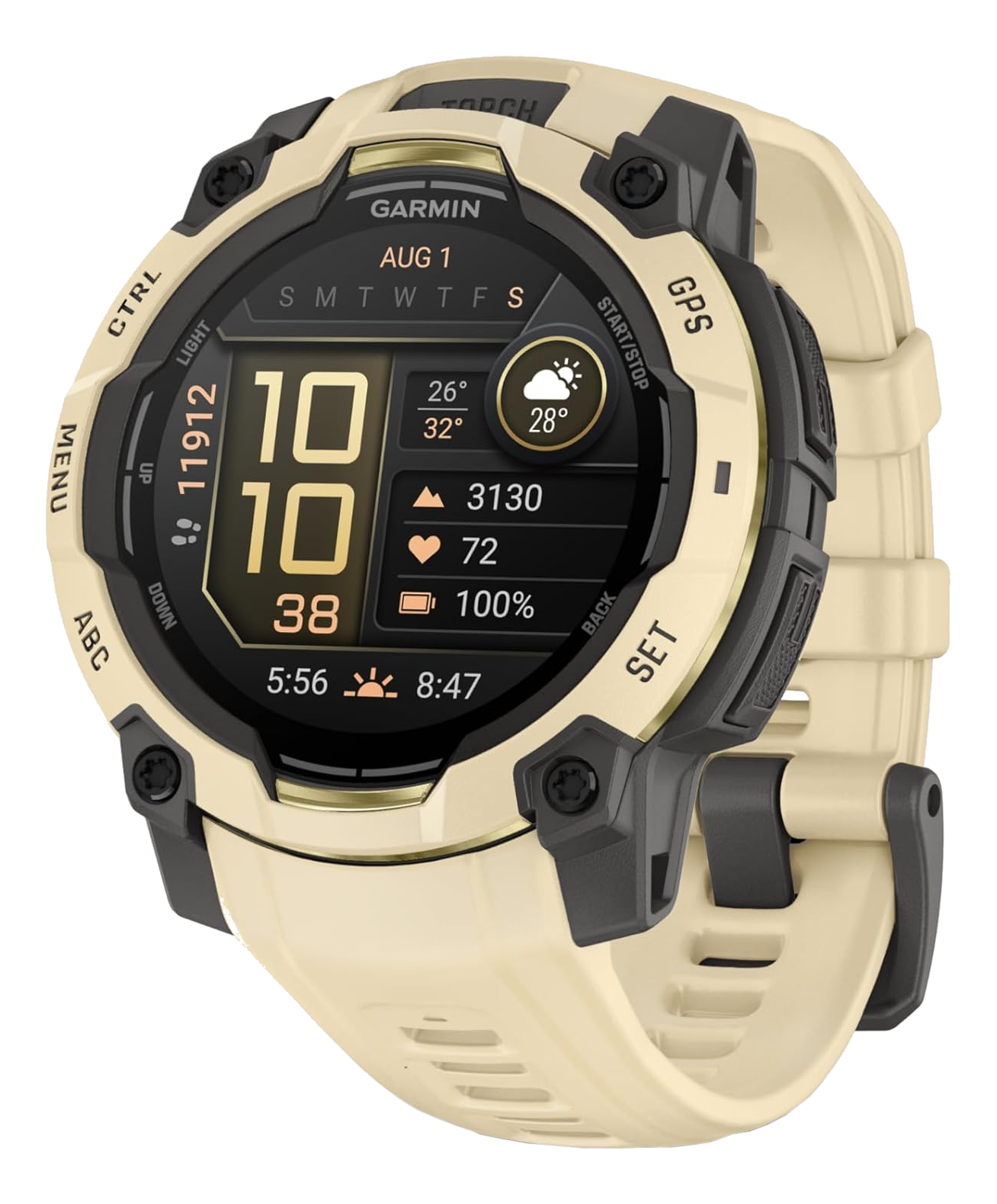 Une montre connectée Garmin beige à cadran noir affiche l'heure, la date, la météo et des données.