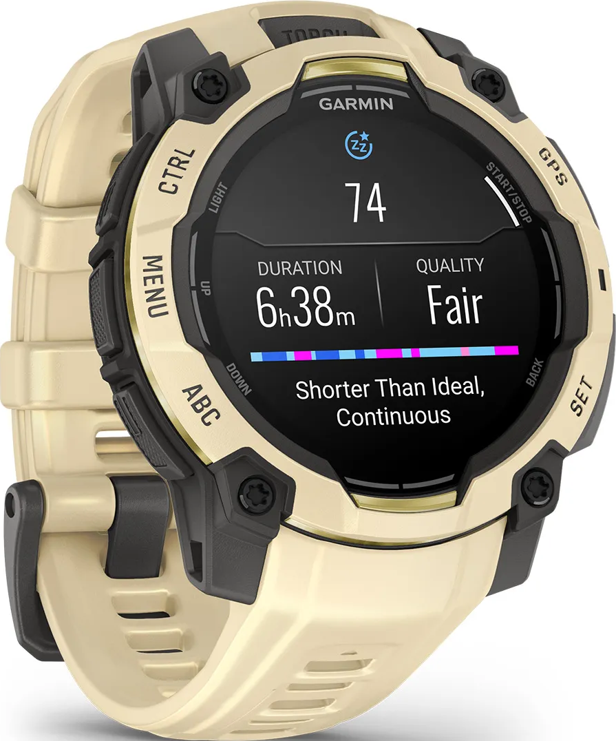 Montre connectée Garmin beige avec écran noir affichant les données de sommeil.