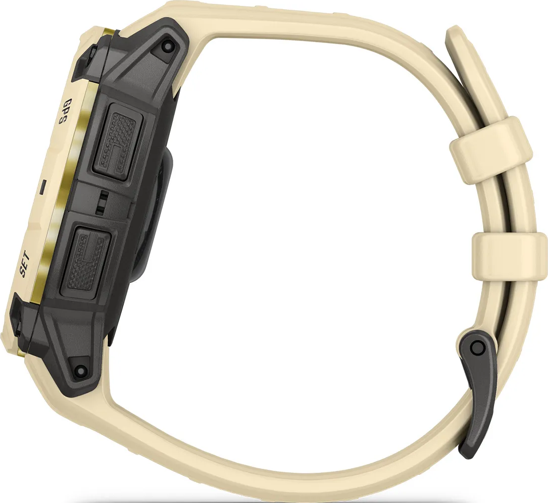 Une montre connectée beige avec des boutons noirs et un marquage GPS.
