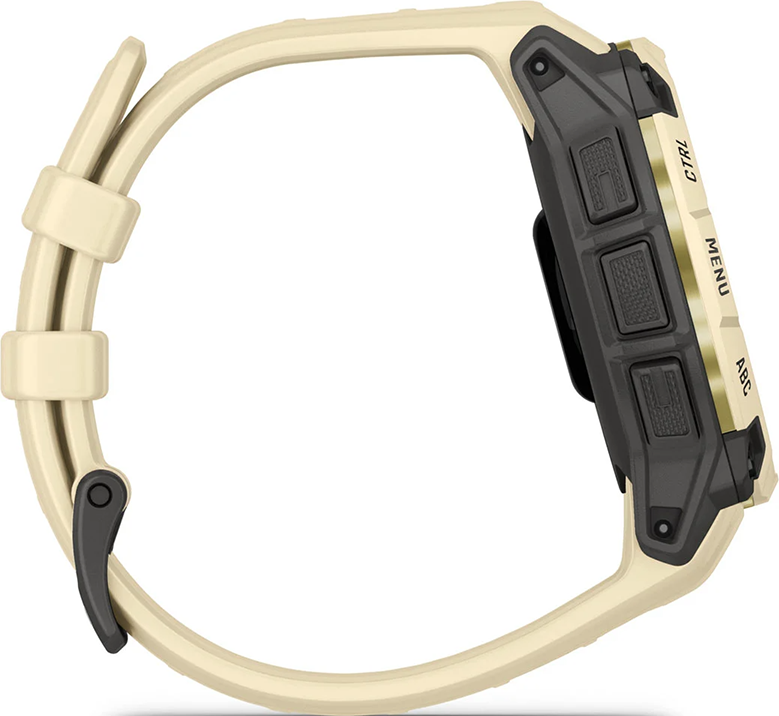 Une montre connectée couleur sable avec des boutons et des étiquettes noirs.