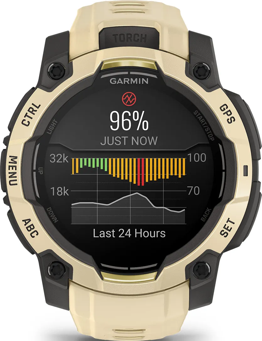 Montre connectée beige avec écran noir affichant 96% et un graphique des 24h.