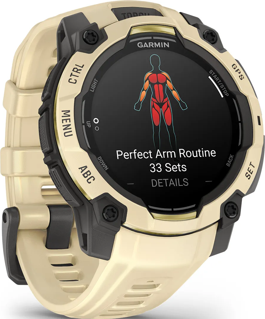 Une montre Garmin beige affiche une routine d'exercices pour bras avec 33 séries.