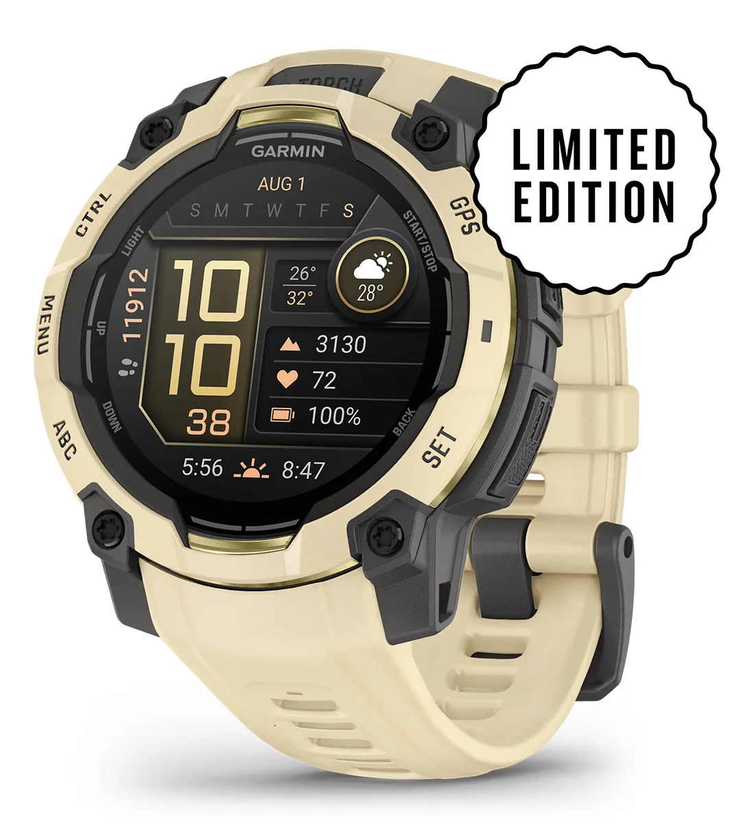 Une montre Garmin beige avec lunette noire et écran affichant heure, date, météo et stats.