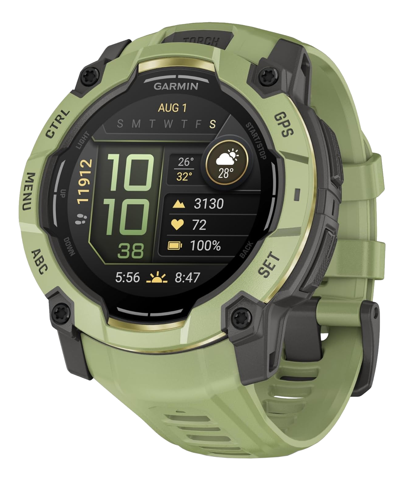 Montre connectée Garmin verte avec cadran noir affichant l'heure, la date et la météo.