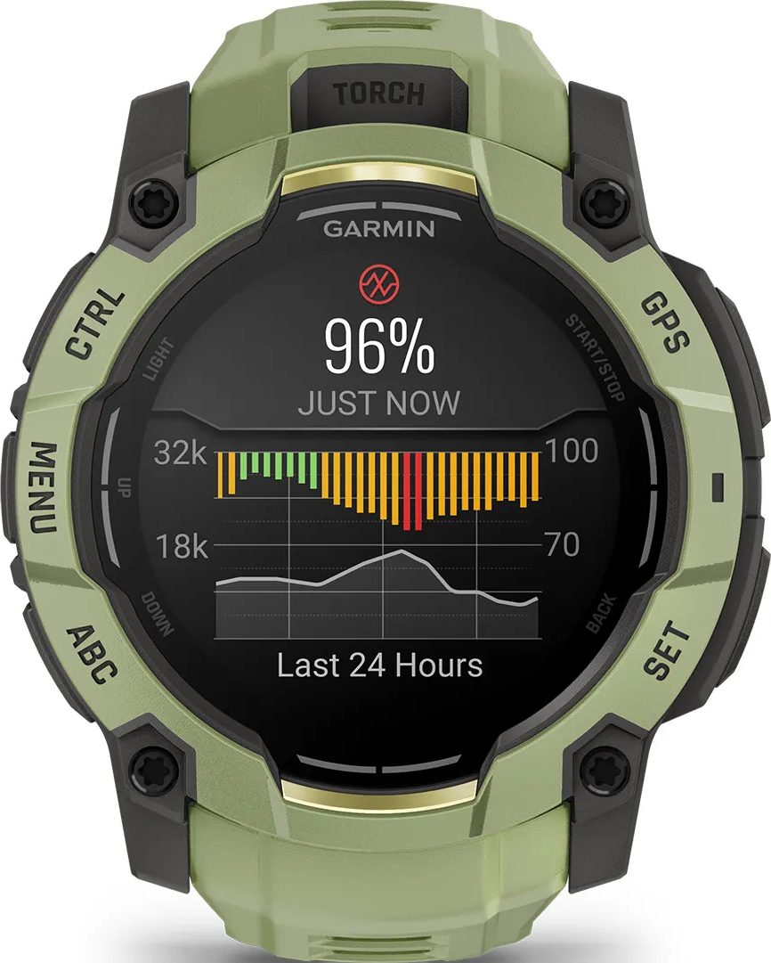 Montre connectée Garmin verte affiche 96% de charge et graphique d'activité.