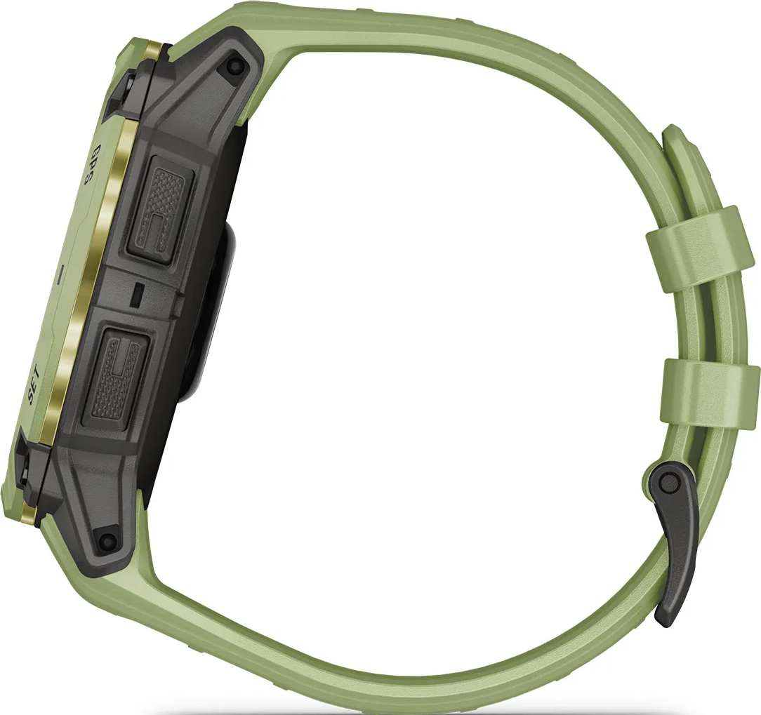 Montre connectée verte avec boutons sombres et accents dorés sur fond blanc.