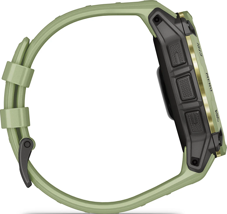 Montre connectée verte avec boutons noirs et accents dorés, vue de profil.