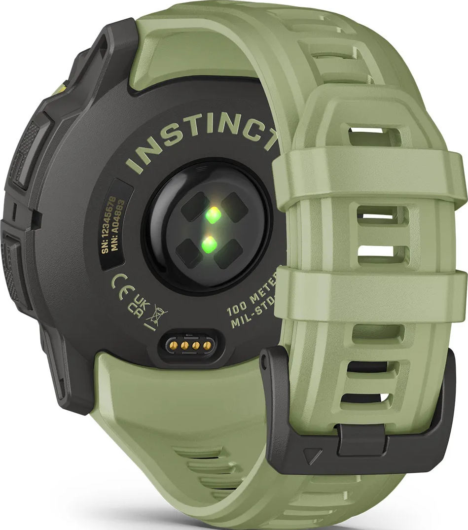 Arrière d'une montre connectée verte avec capteur de fréquence cardiaque.