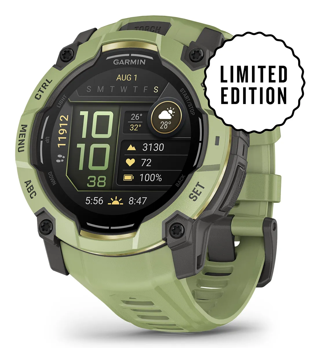 Montre connectée Garmin verte avec autocollant « Édition Limitée » et écran détaillé.