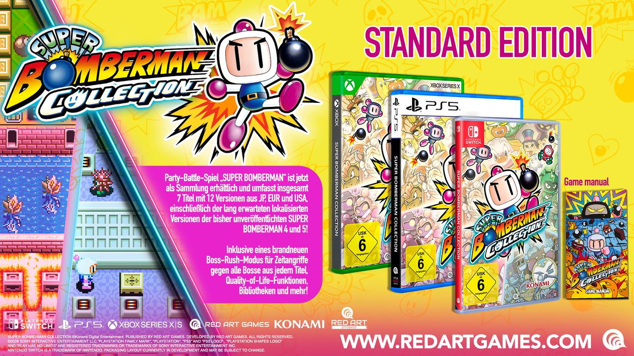 Super Bomberman Collection für Xbox, PS5, Switch, mit Bomberman-Charakteren und Spielboxen.