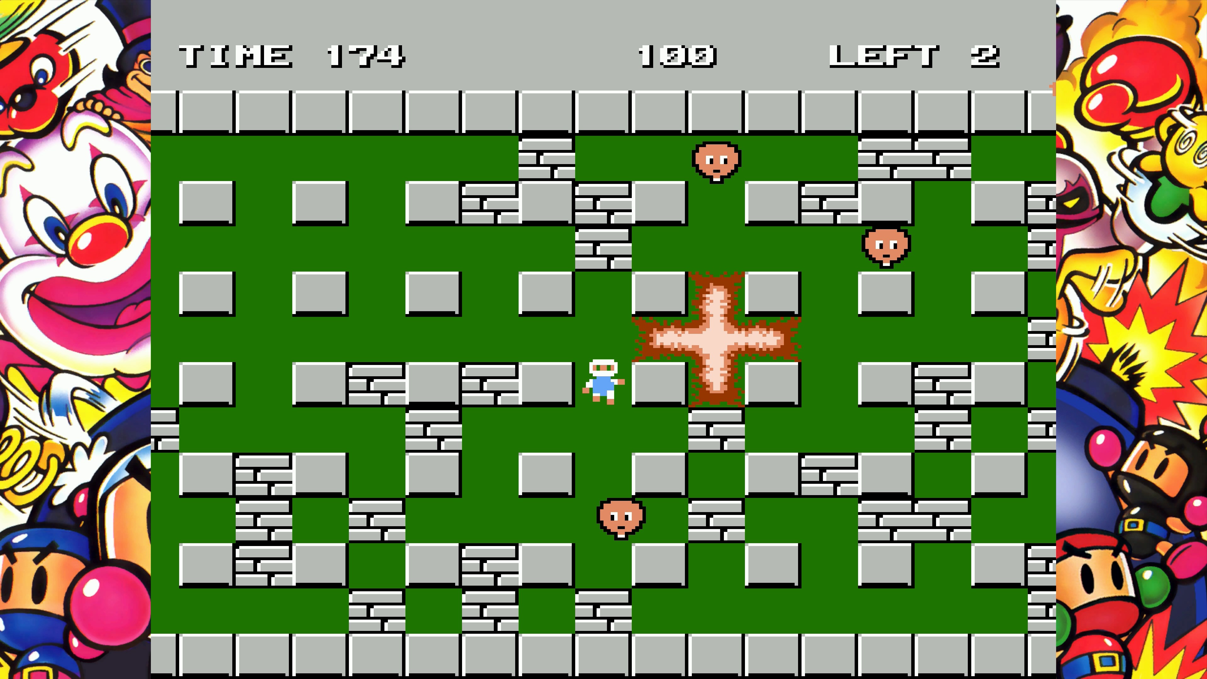 Pixel-Spiel mit Bomberman, Gegnern und zerstörbaren Blöcken.