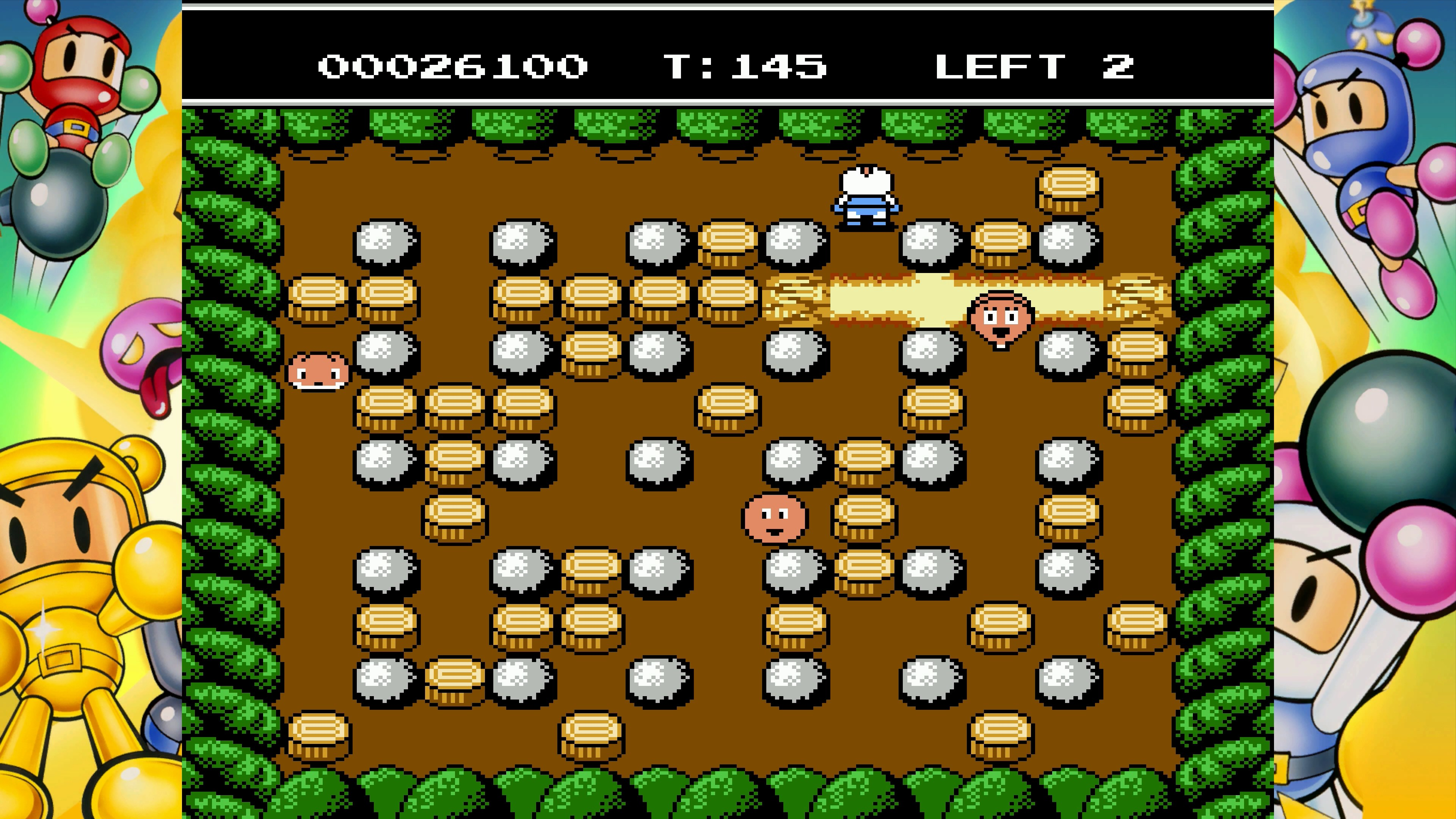 Bomberman-Spielbildschirm mit Münzen, Bomben und Charakteren.