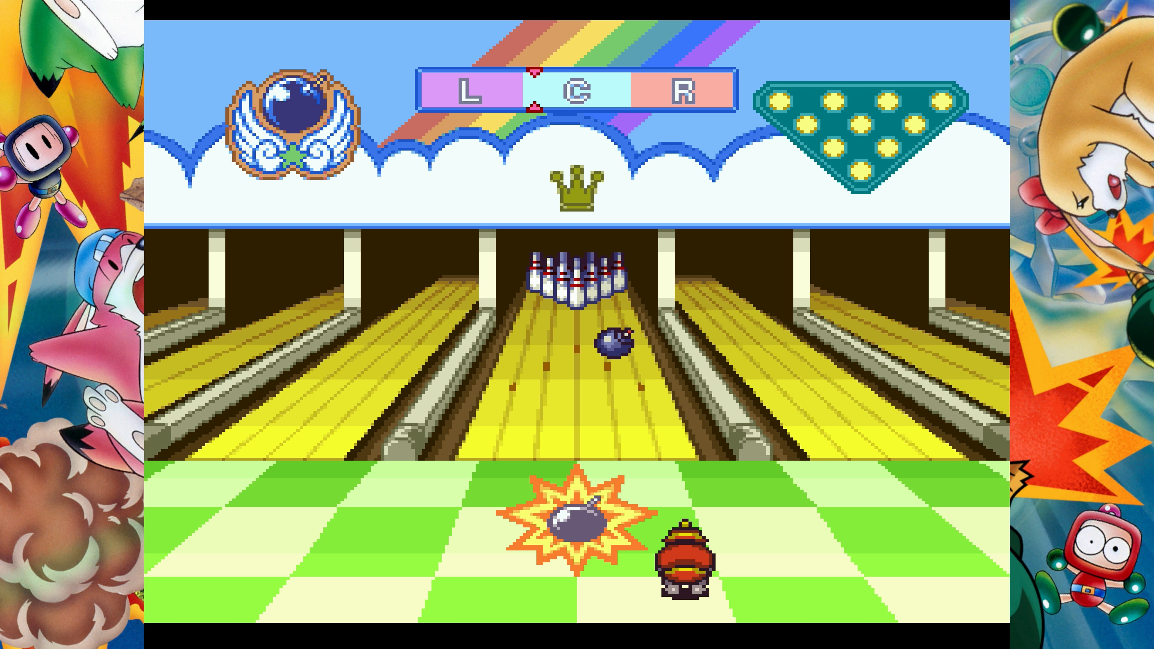 Ein Pixel-Videospiel mit Bowlingbahn, Figuren und Bombenexplosion.