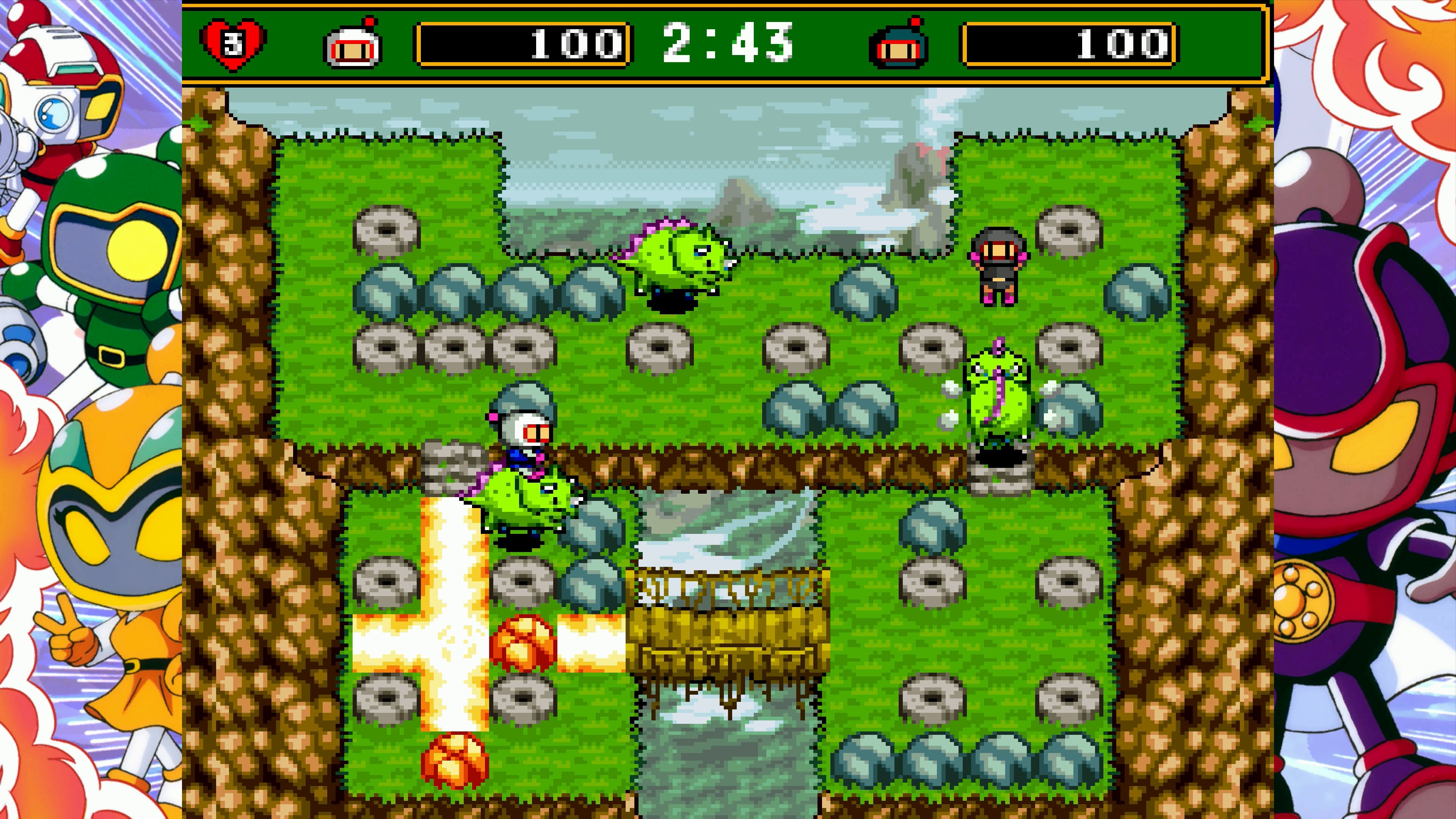Pixel-Videospiel mit grünen Dinosauriern, Charakteren und Hindernissen.