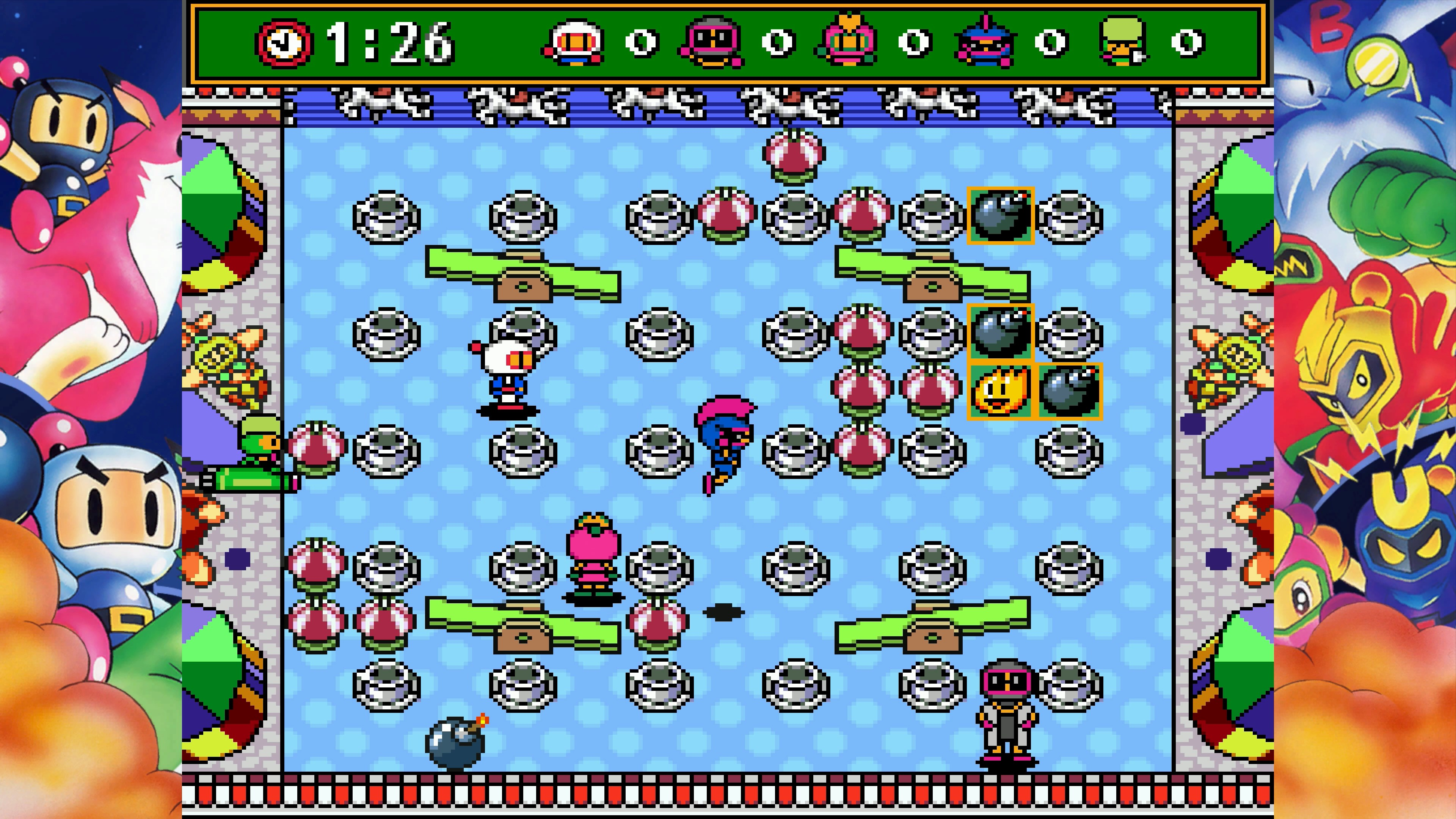 Pixel-Videospiel mit Bomberman-Charakteren, Bomben und Hindernissen.