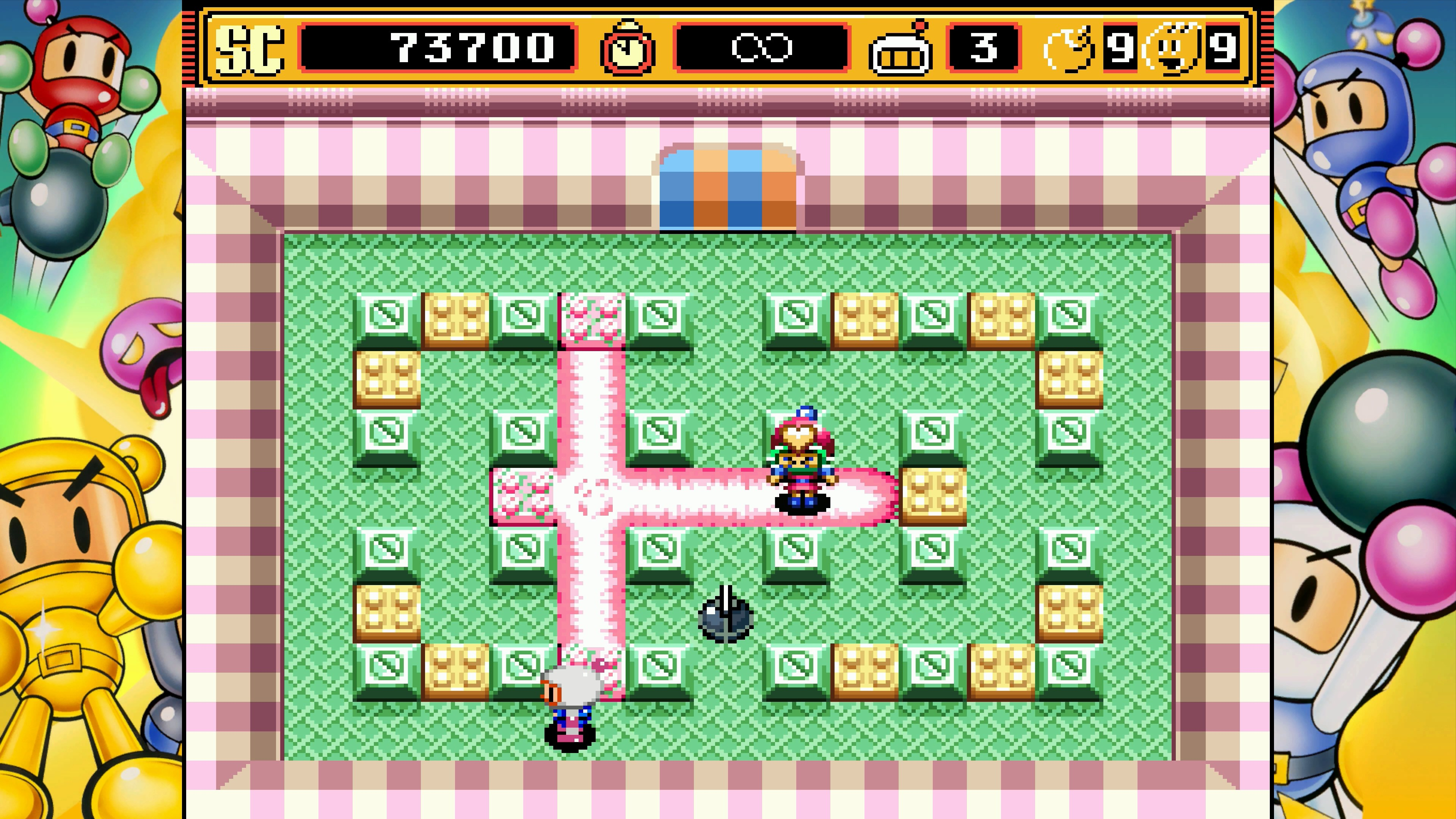 Ein Bomberman-Spiel mit 2 Spielfiguren, Bomben und Blöcken in einer grünen Arena.