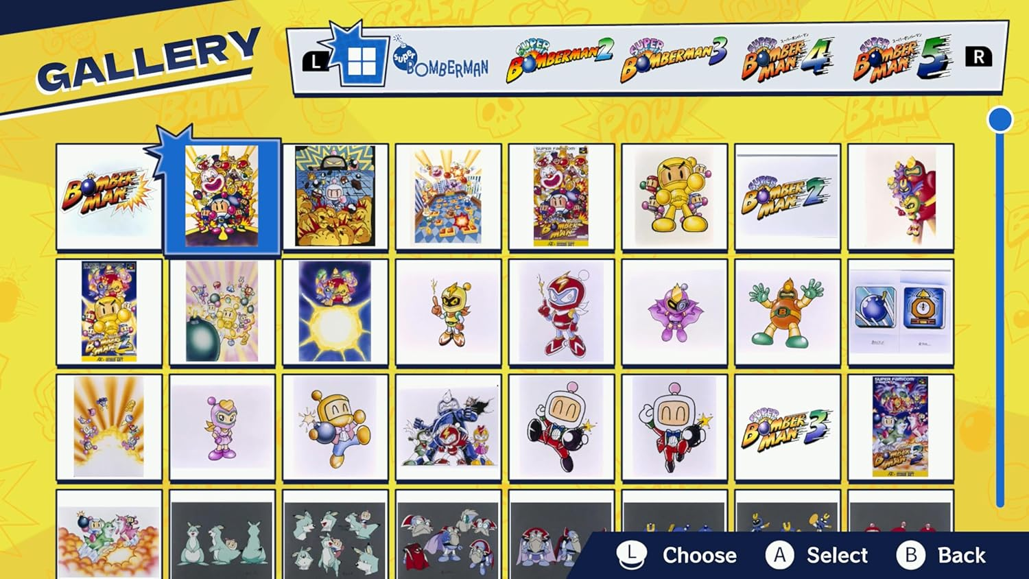 Screenshots von Bomberman-Spielen und Charakteren auf einem gelben Hintergrund.