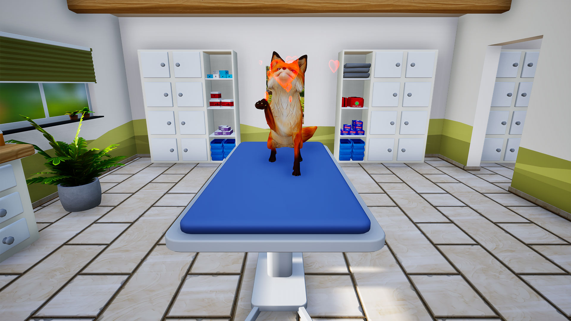 Una volpe dei cartoni animati sta su un tappeto blu in uno studio veterinario, cuori fluttuano.