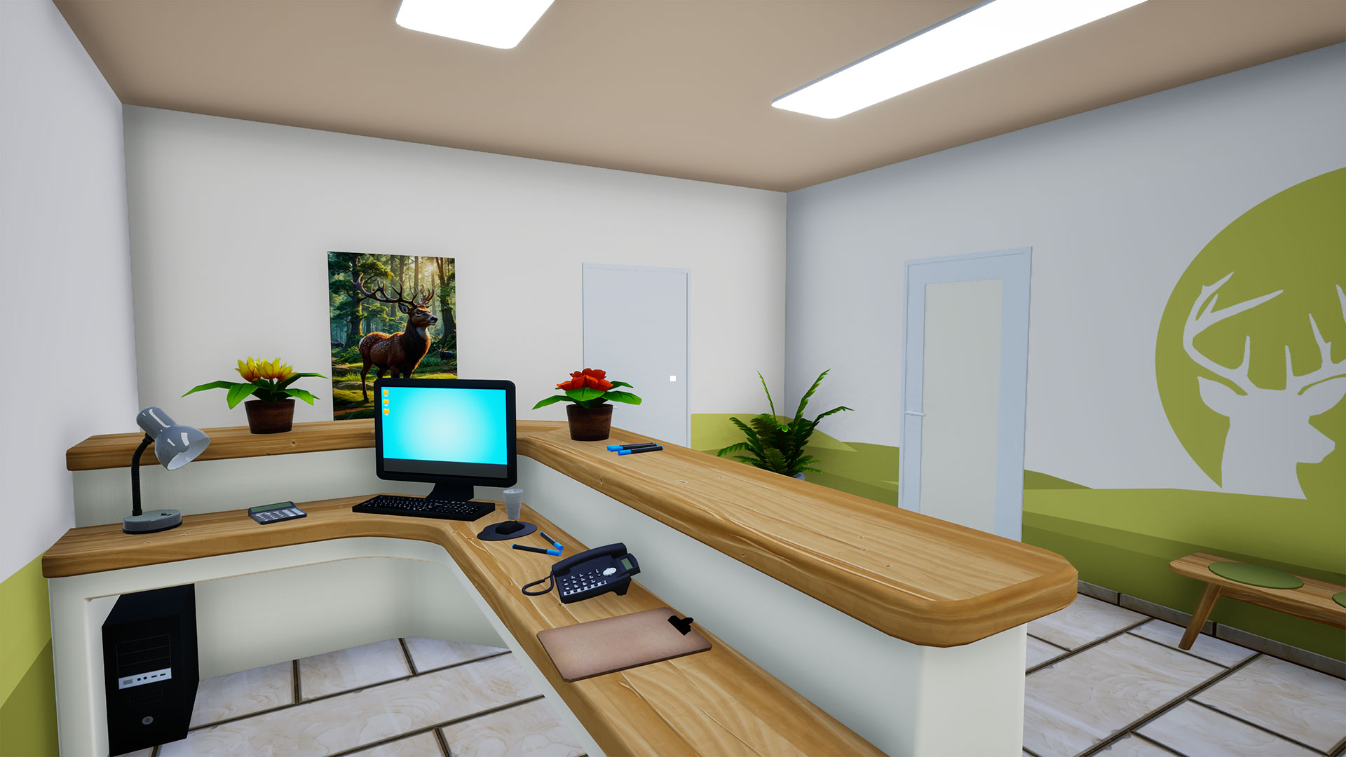 Reception con computer, telefono, piante e quadro di cervo.