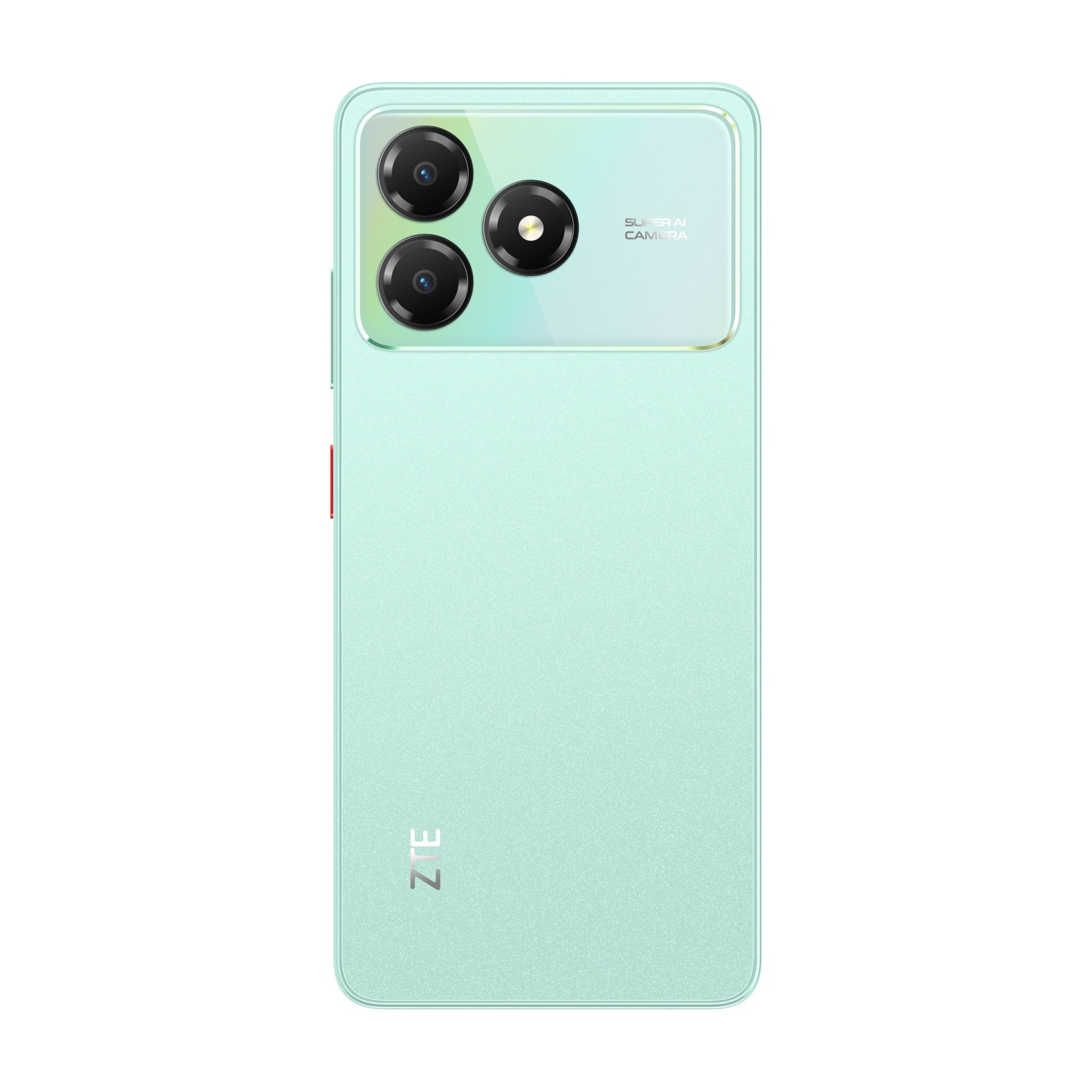 Uno smartphone turchese con tre fotocamere e il logo ZTE sul retro.