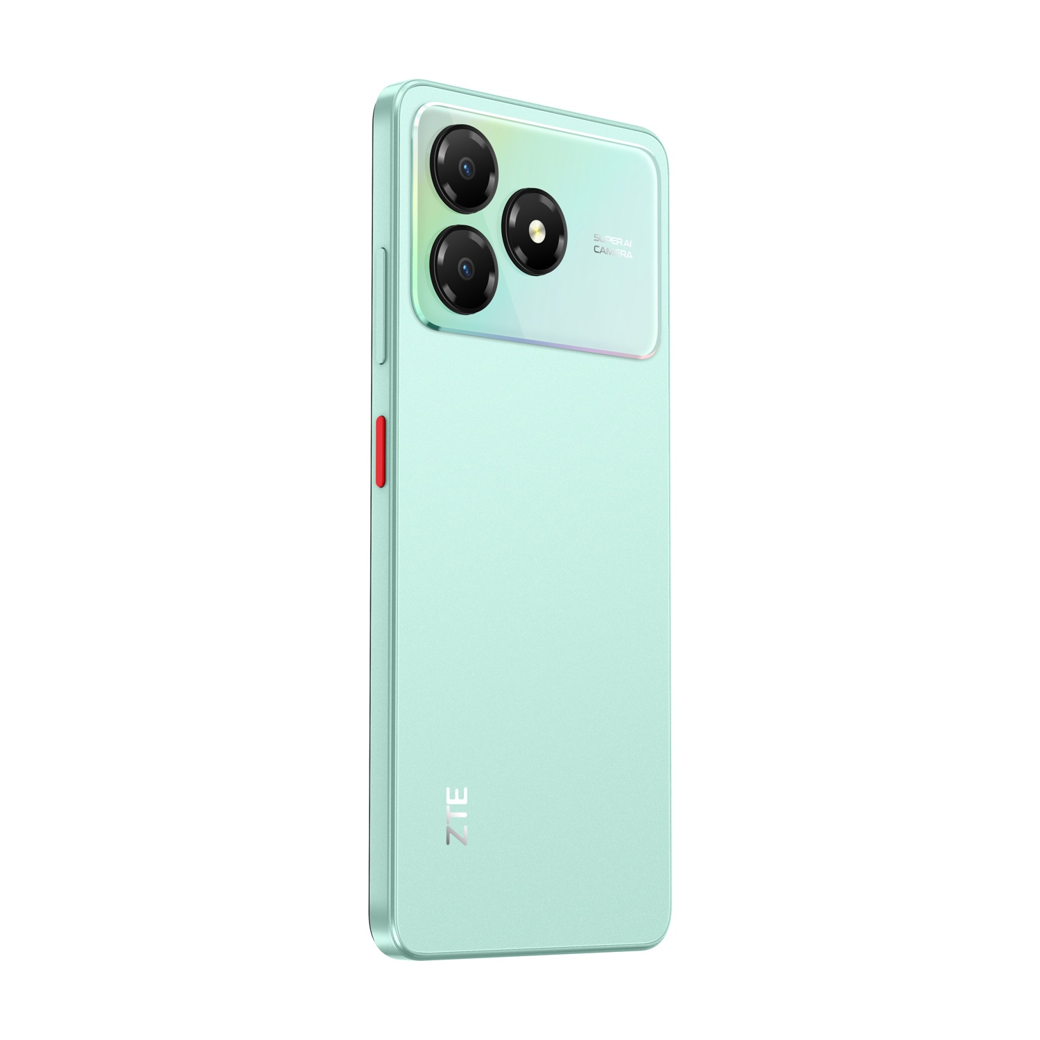 Uno smartphone ZTE verde menta con tre fotocamere e un pulsante d'accento rosso.