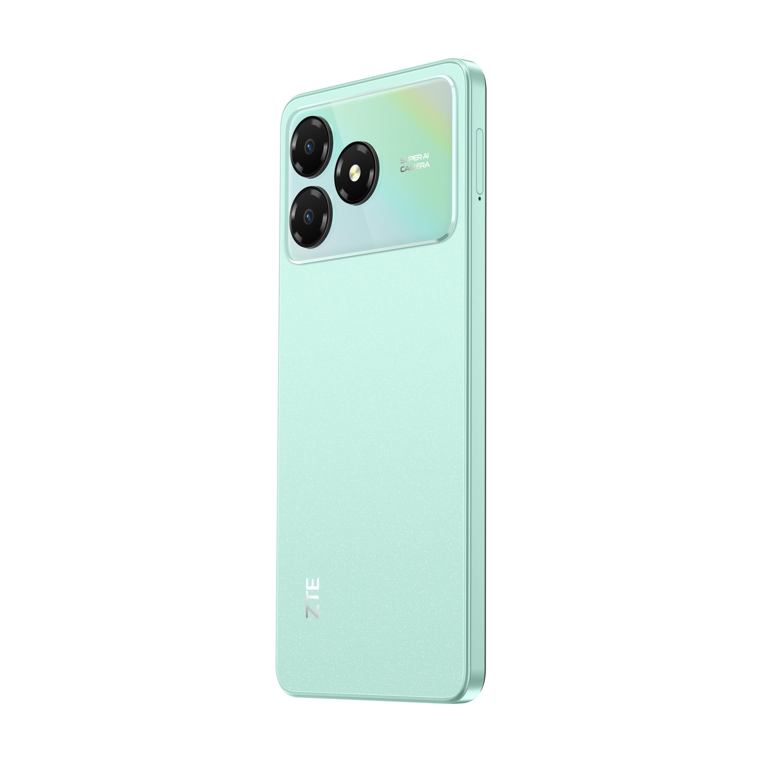 Retro di uno smartphone verde menta con tripla fotocamera e logo ZTE.