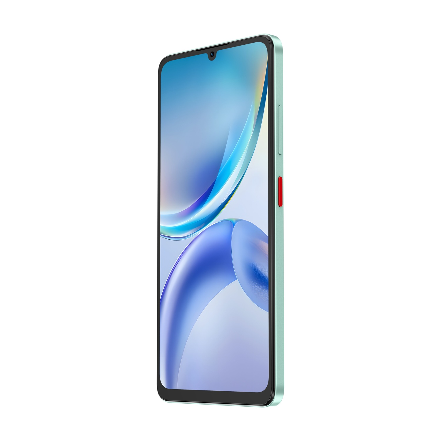 Uno smartphone verde chiaro con pulsante rosso sul lato, mostrato angolato su sfondo bianco.